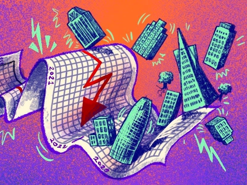 A paper graph is folded in waves as it pushes against the skyline of San Francisco, the hub of Silicon Valley. The graph has a stark red arrow pointing downward. The background is a textured gradient purple and orange.