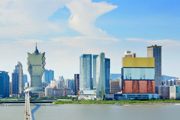 Macau's skyline, including MGM Macau on the right.