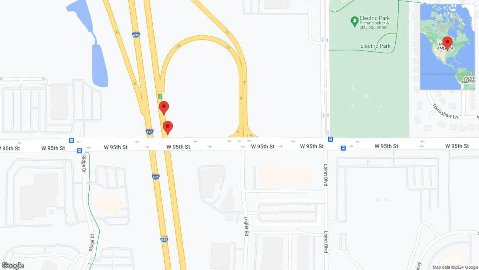 A detailed map that shows the affected road due to 'Broken down vehicle on northbound I-435 in Lenexa' on July 22nd at 4:21 p.m.
