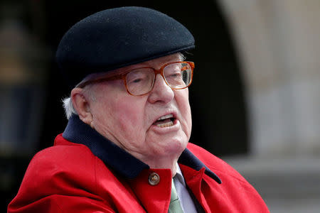 FILE PHOTO: French far-right National Front founder Jean-Marie Le Pen delivers a speech in front of the statue of Jeanne d'Arc (Joan of Arc) as part of the National Front's annual May Day ceremonies in Paris, France, May 1, 2017. REUTERS/Gonzalo Fuentes/File Photo