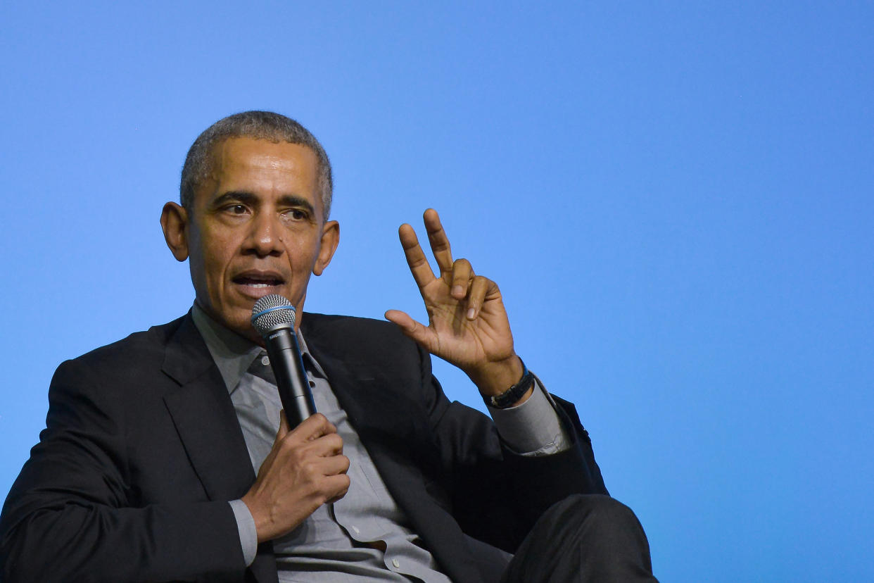 Former U.S. President Barack Obama speaks on the stage as he attends an Obama Foundation event in Kuala Lumpur, Malaysia, 13 December 2019. Obama and his wife Michelle are in Kuala Lumpur for the inaugural Leaders: Asia-Pacific conference, focused on promoting women's education in the region.  (Photo by Zahim Mohd/NurPhoto via Getty Images)