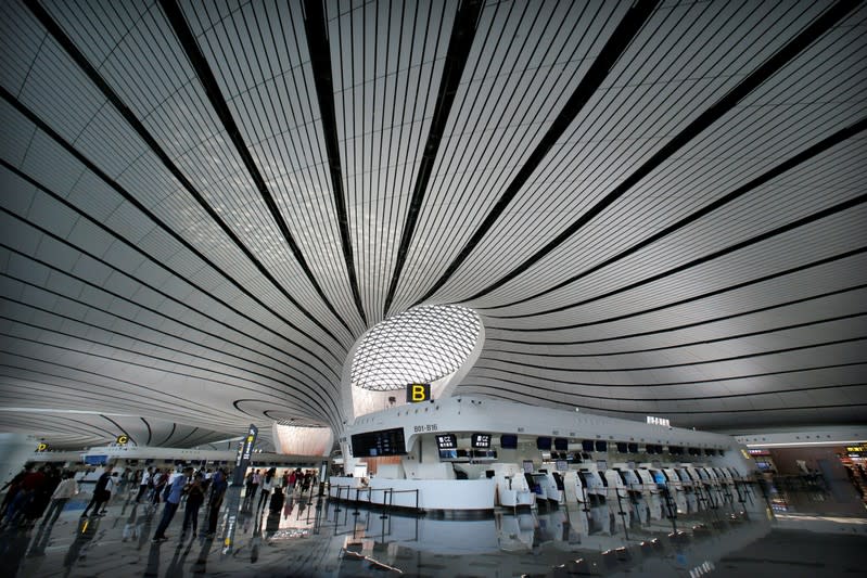 An inner view of the terminal hall of the newly launched Daxing International Airport on the outskirts of Beijing