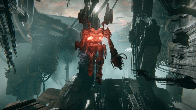 A mech flies through a sci-fi wasteland. 