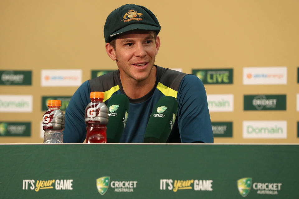 Tim Paine addresses the media.