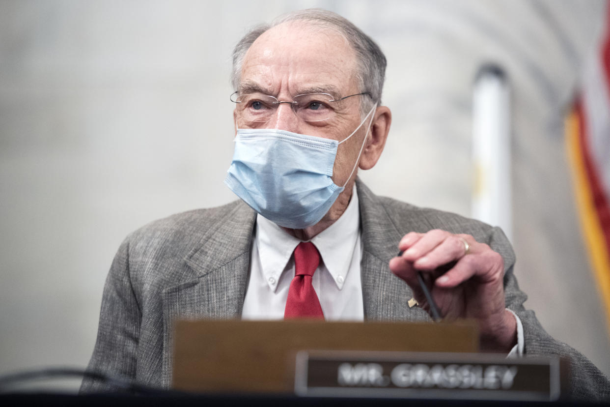 UNITED STATES - JULY 2: Sen. Chuck Grassley, R-Iowa, arrives for the Senate Judiciary Committee markup of the Eliminating Abusive and Rampant Neglect of Interactive Technologies (EARN IT) Act of 2020, and judicial nominations in Russell Building on Thursday, July 2, 2020.(Photo By Tom Williams/CQ-Roll Call, Inc via Getty Images)