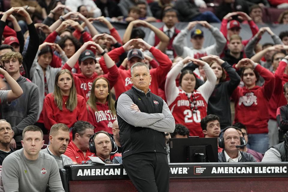 Feb 9, 2023; Columbus, OH, USA;  Ohio State Buckeyes head coach Chris Holtmann watches his team shoot free throws during the second half of the NCAA men’s basketball game against the Northwestern Wildcats at Value City Arena. Ohio State lost 69-63. Mandatory Credit: Adam Cairns-The Columbus Dispatch