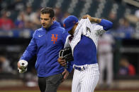 New York Mets' Marcus Stroman leaves during the second inning of a baseball game against the Atlanta Braves Tuesday, June 22, 2021, in New York. (AP Photo/Frank Franklin II)