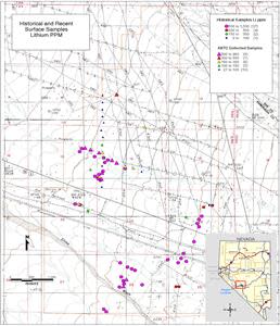 Historical and recent surface samples of American Battery Technology Company's Tonopah Flats Lithium Exploration Project in Little Smokey Valley near Tonopah, Nevada.