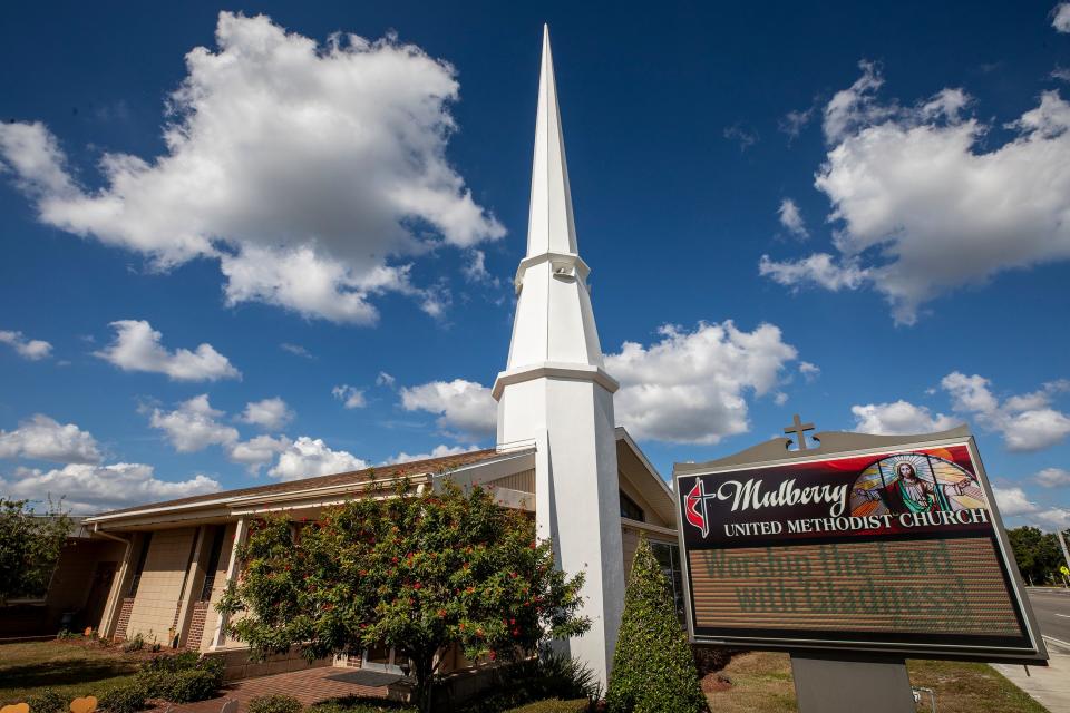 The steeple of Mulberry United Methodist Church is a landmark along Church Avenue, the main north-south road in the city.