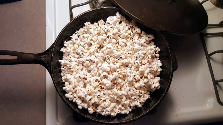 popcorn in cast iron skillet