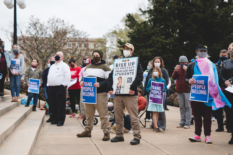 Transgender rights advocates rally outside the Arkansas state Capitol on March 18, 2021.<span class="copyright">Sydney Rasch—ACLU of Arkansas</span>