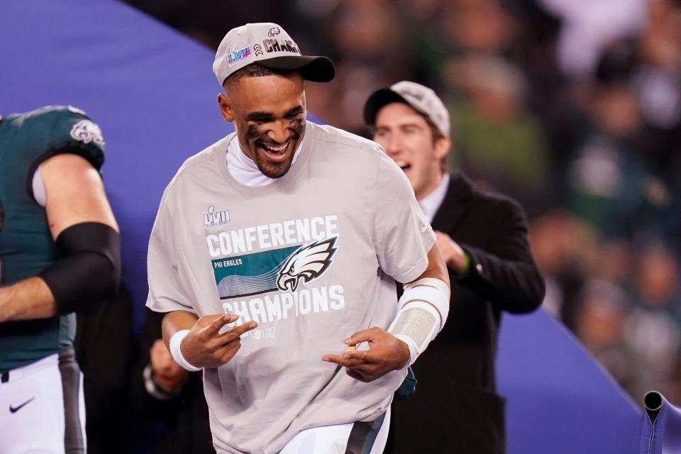 Eagles quarterback Jalen Hurts celebrates after Philadelphia beat the San Francisco 49ers in the NFC championship game.