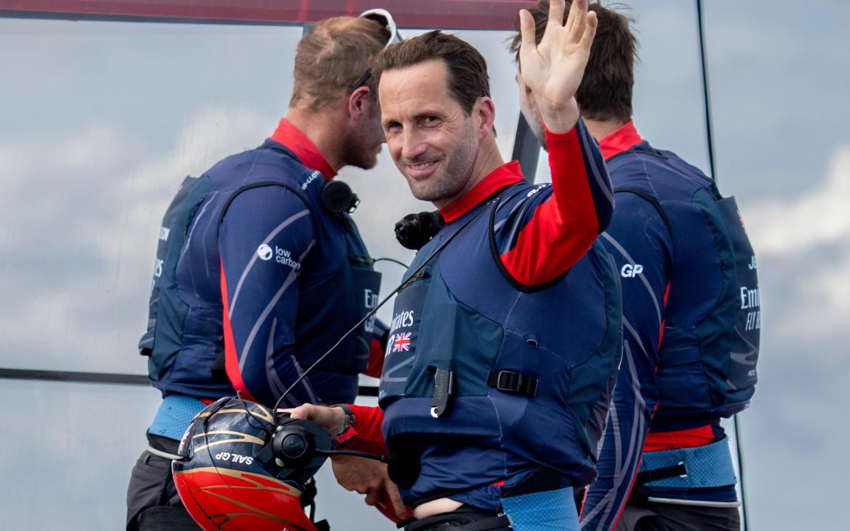 Sir Ben Ainslie celebrates after the Emirates Great Britain SailGP team win the Italy Sail Grand Prix last year