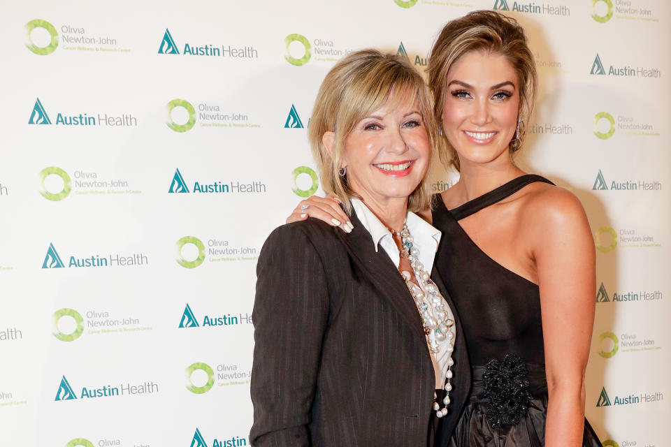 MELBOURNE, AUSTRALIA - SEPTEMBER 08:  Olivia Newton John and Delta Goodrem attends the Olivia Newton-John Gala Red Carpet at Crown Palladium on September 8, 2017 in Melbourne, Australia.  (Photo by Sam Tabone/WireImage)