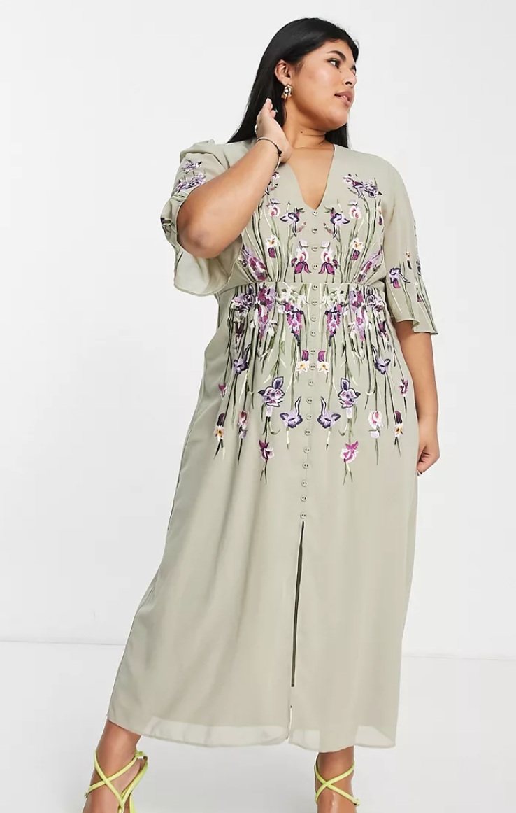 1) Hope & Ivy Plus Adelaide embroidered midi dress in sage green