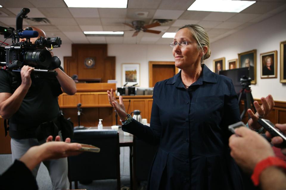 "I hope that I did that incredible courage justice when I was able to confront Alex Jones, who is also a bully, and I hope that that inspires other people to do the same in their own lives," Scarlett Lewis, mother of 6-year-old Sandy Hook shooting victim Jesse Lewis, told reporters Friday after jurors returned a punitive damages verdict of $45.2 million against Alex Jones.