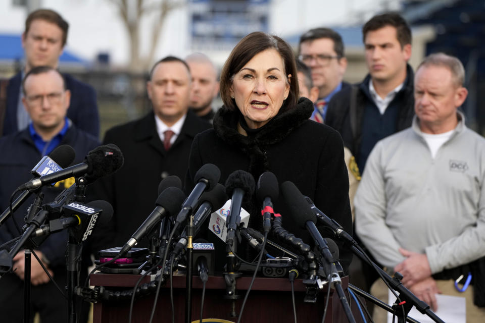 Iowa Gov. Kim Reynolds speaks during a news conference following a shooting at Perry High School, Thursday, Jan. 4, 2024, in Perry, Iowa. (AP Photo/Charlie Neibergall)