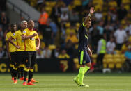 Football Soccer Britain - Watford v Arsenal - Premier League - Vicarage Road - 27/8/16 Arsenal's Mesut Ozil celebrates scoring their third goal Action Images via Reuters / Andrew Boyers Livepic EDITORIAL USE ONLY. No use with unauthorized audio, video, data, fixture lists, club/league logos or "live" services. Online in-match use limited to 45 images, no video emulation. No use in betting, games or single club/league/player publications. Please contact your account representative for further details.