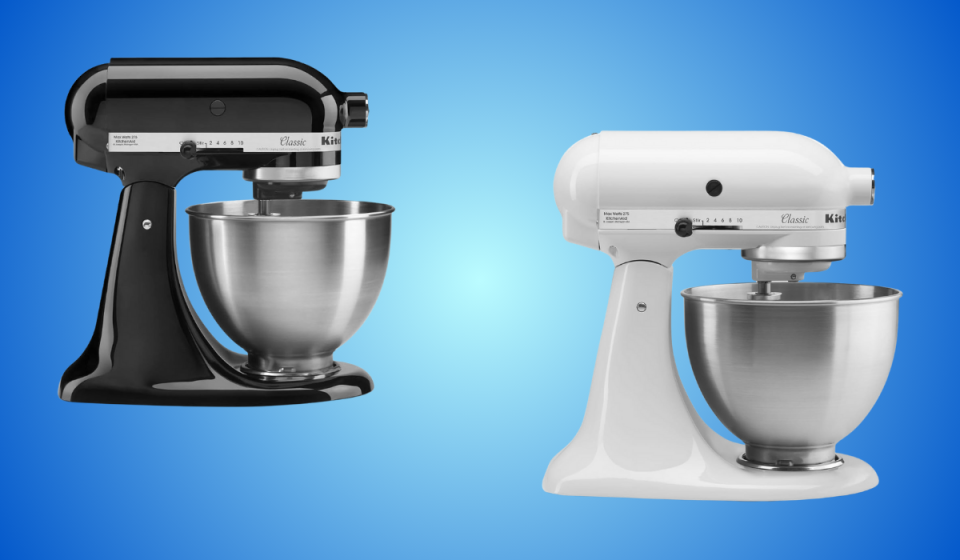 kitchenaid stand mixers in black and white