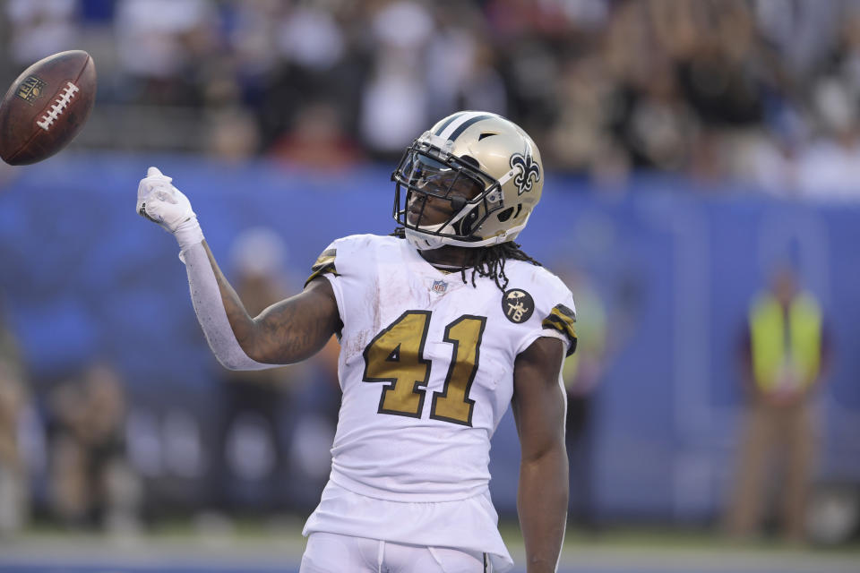 New Orleans Saints' Alvin Kamara reacts after scoring a touchdown during the second half of an NFL football game against the New York Giants, Sunday, Sept. 30, 2018, in East Rutherford, N.J. (AP Photo/Bill Kostroun)