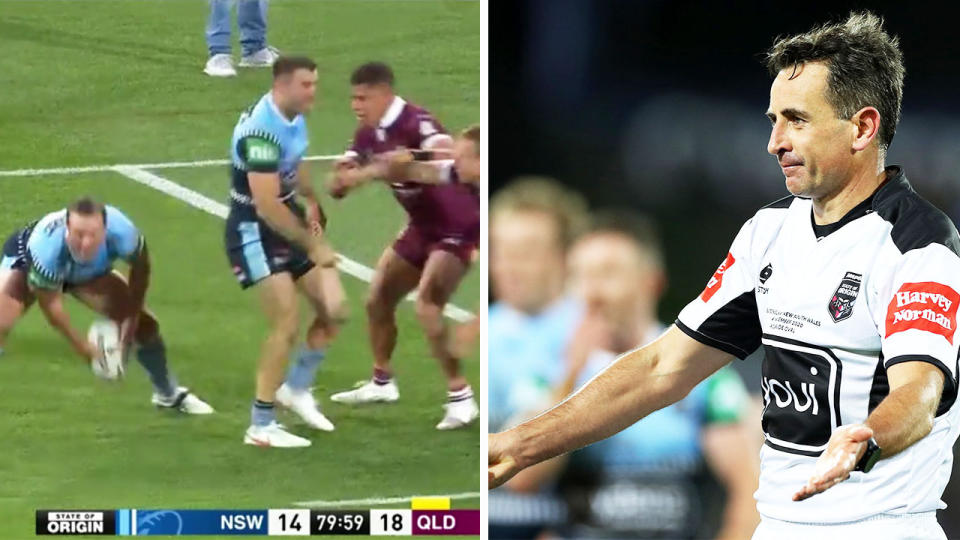 Referee Gerard Sutton (pictured right) giving a penalty and Boyd Cordner (pictured left) passing the ball during the final moments of State of Origin game One.