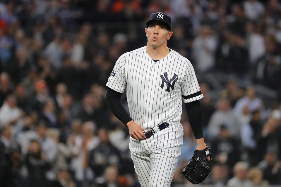 NEW YORK, NEW YORK - OCTOBER 15: Chad Green #57 of the New York Yankees reacts during the fifth inning against the Houston Astros in game three of the American League Championship Series at Yankee Stadium on October 15, 2019 in New York City. (Photo by Elsa/Getty Images)