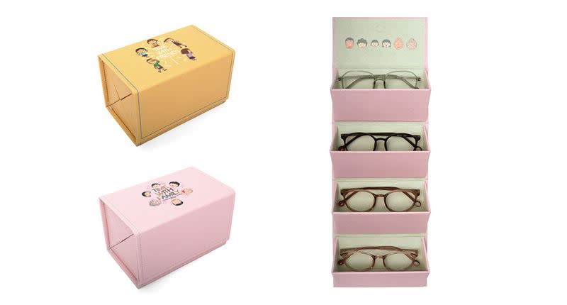 JINS「櫻桃小丸子眼鏡系列」搭配超可愛眼鏡布、眼鏡盒；或是可以780元加購眼鏡收納盒(下圖)。（圖／JINS提供）