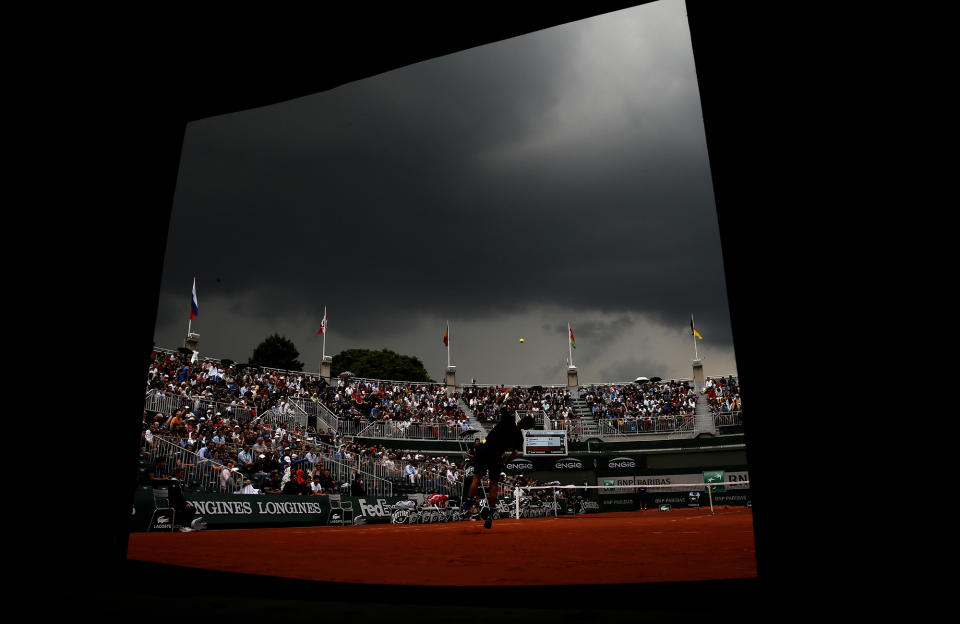 <p>Feliciano Lopez of Spain in action against David Ferrer of Spain during their men’s single third round match at the French Open tennis tournament at Roland Garros in Paris, France, May 28, 2016. (EPA/ROBERT GHEMENT) </p>