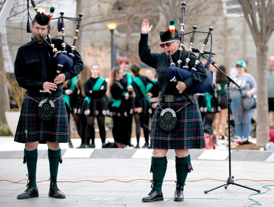The Oklahoma Scottish Pipe and Drums plays during the ShamROCK the Gardens St. Patrick's Day Celebration at the Myriad Botanical Gardens in Oklahoma City, Thursday, March, 17, 2022.