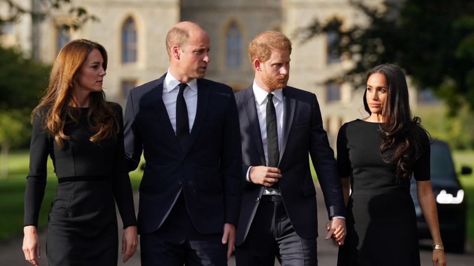 Die zerstrittenen Brüder William und Harry und ihre Frauen Kate und Meghan schlendern die Auffahrt zu Schloss Windsor herunter. (Bild: dpa)