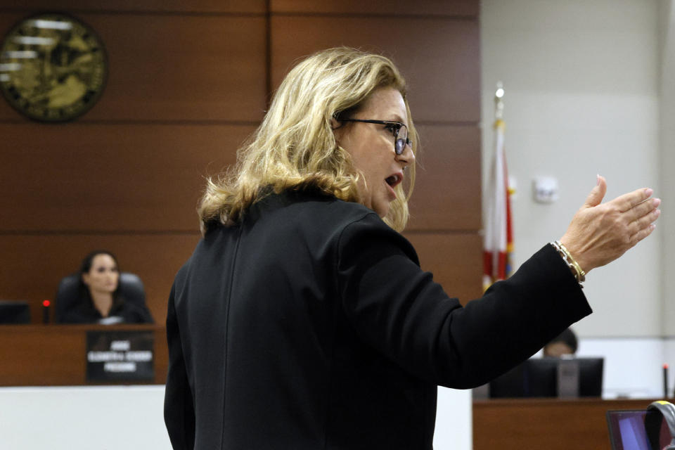 Assistant State Attorney Carolyn McCann objects to the defense's characterization of the prosecution team during the sentencing hearing for Marjory Stoneman Douglas High School shooter Nikolas Cruz at the Broward County Courthouse in Fort Lauderdale, Fla. on Tuesday, Nov. 1, 2022. Cruz was sentenced to life in prison for murdering 17 people at Parkland's Marjory Stoneman Douglas High School more than four years ago. (Amy Beth Bennett/South Florida Sun Sentinel via AP, Pool)