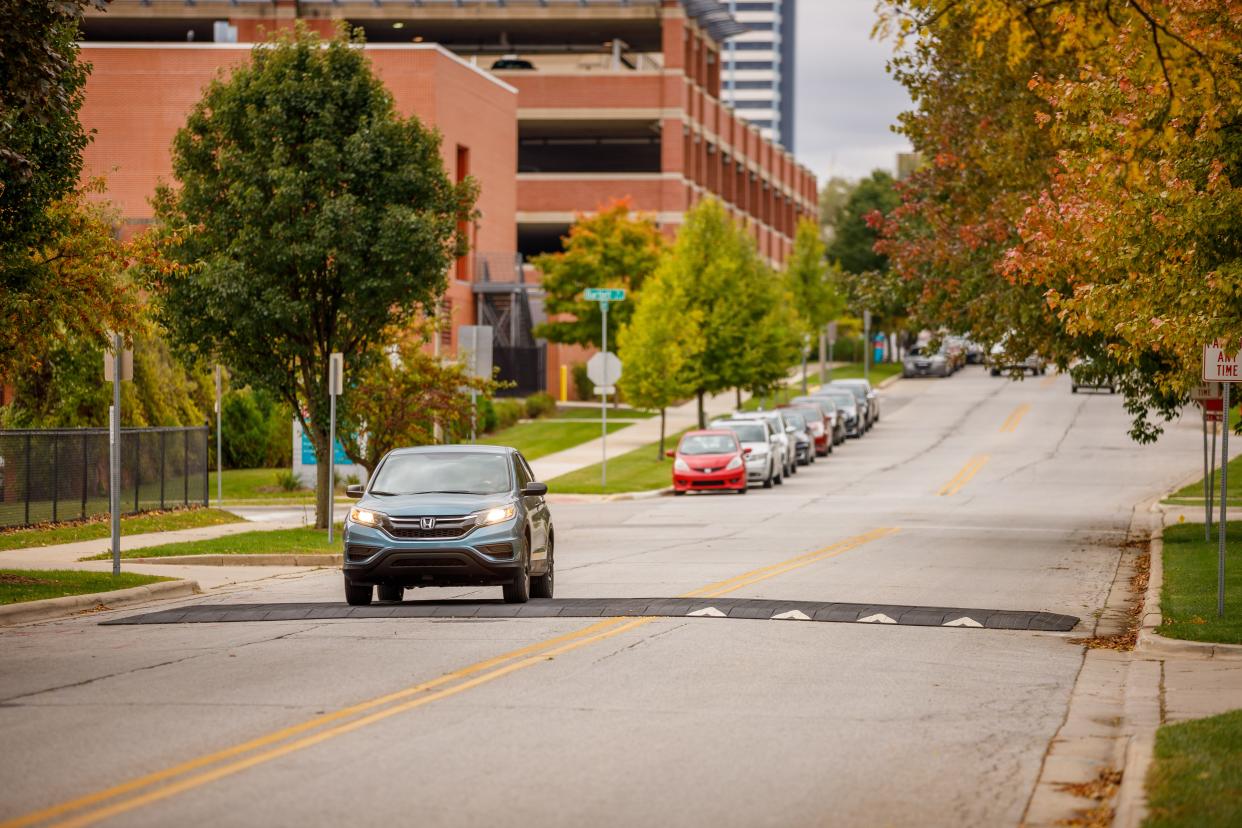 A rubber speed hump on Lafayette Boulevard near Leeper Park was one of 12 installed as part of a pilot program. Six rubber humps are proposed to calm traffic on lower-priority roads in a new city plan.