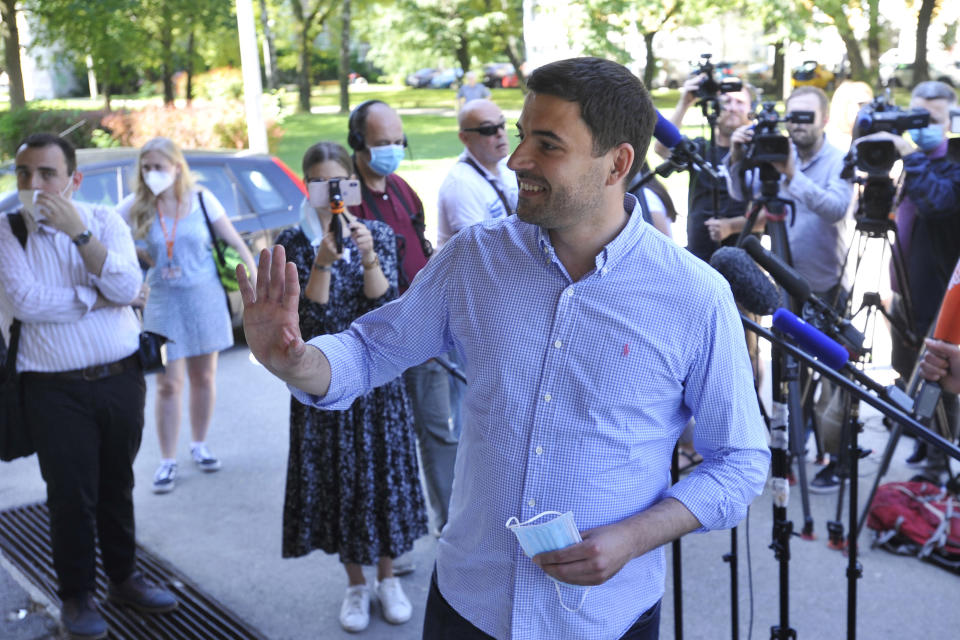 Davor Bernardic, leader of the Restart coalition addresses the media after his vote at a polling station in Zagreb, Croatia, Sunday, July 5, 2020. Amid a spike of new coronavirus cases, voters in Croatia cast ballots on Sunday in what is expected be a close parliamentary race that could push the latest European Union member state further to the right. (AP Photo)