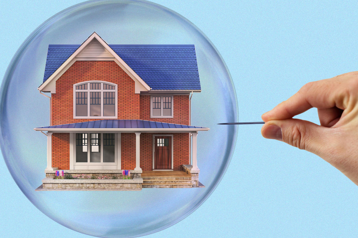 Illustration shows a bubble around a house being popped with a pin