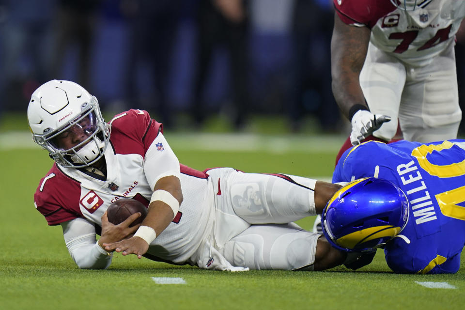 Los Angeles Rams outside linebacker Von Miller (40) sacks Arizona Cardinals quarterback Kyler Murray during the first half of an NFL wild-card playoff football game in Inglewood, Calif., Monday, Jan. 17, 2022. (AP Photo/Jae C. Hong)