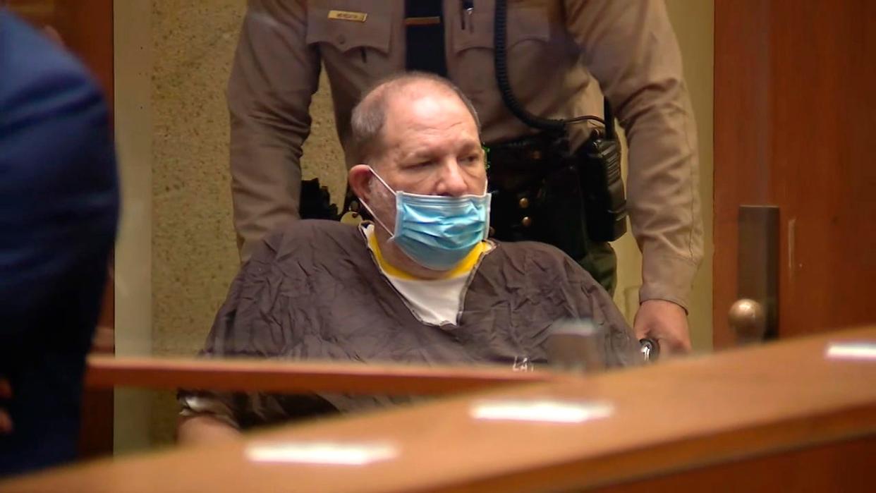 Harvey Weinstein arrives in a wheelchair to an arraignment hearing on July 21, 2021, in Los Angeles, where he pleaded not guilty to 11 sex-crime charges, in image taken from KABC pool video.