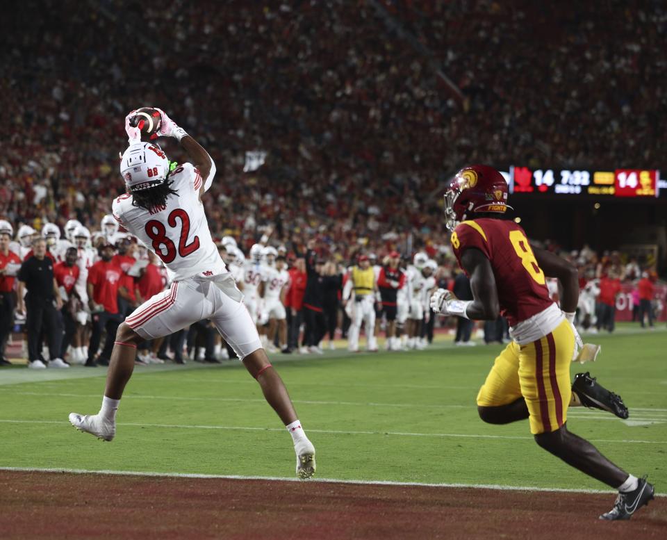 Utah’s Landen King catches a pass and scores against USC at the Los Angeles Memorial Coliseum on Saturday, Oct. 21, 2023. | Laura Seitz, Deseret News