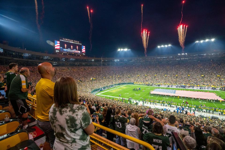 Fans stand for the National anthem before the Green Bay Packers game against the Chicago Bears Sunday, September 18, 2022 at Lambeau Field in Green Bay, Wis. The Green Bay Packers beat the Chicago Bears 27-10.