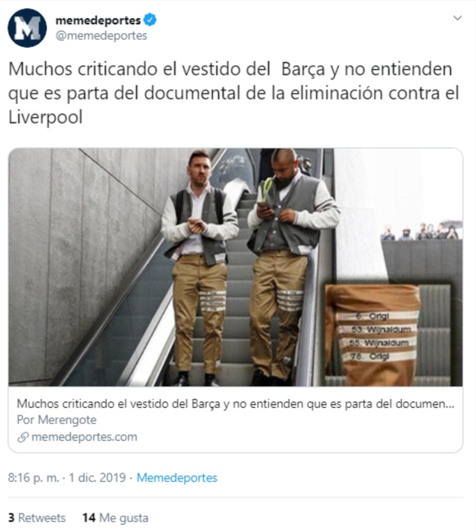 Los madridistas aprovecharon el look para bromear diciendo que las cuatro rayas del pantalón eran un recuerdo a la eliminación frente al Liverpool en Champions de la temporada pasada. (Foto: Twitter / <a href="http://twitter.com/memedeportes/status/1201218441602056193" rel="nofollow noopener" target="_blank" data-ylk="slk:@memedeportes;elm:context_link;itc:0;sec:content-canvas" class="link ">@memedeportes</a>).