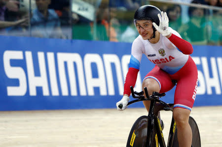 Cycling - UCI Track World Championships - Women's 500m Time Trial Final - Hong Kong, China - 15/4/17 - Russia’s Daria Shmeleva celebrates after winning gold. REUTERS/Bobby Yip