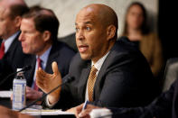 Senator Cory Booker (D-NJ) questions witnesses before the Senate Judiciary Committee during a hearing about legislative proposals to improve school safety in the wake of the mass shooting at the high school in Parkland, Florida, on Capitol Hill in Washington, U.S., March 14, 2018. REUTERS/Joshua Roberts