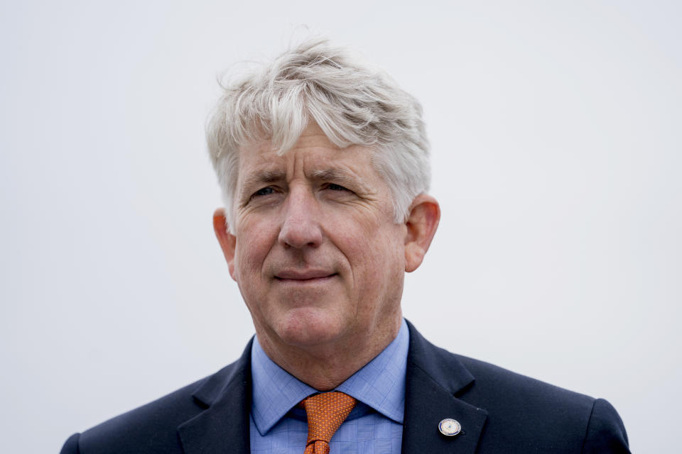 In this Feb. 26, 2018, photo, Virginia Attorney General Mark Herring attends a news conference near the White House in Washington. A series of scandals surrounding Virginia's top Democrats has made it difficult for them to raise money in a key election year. Herring, Gov. Ralph Northam and Lt. Gov. Justin Fairfax all posted anemic campaign finance reports Monday, April 15, that are far below what their predecessors have raised at similar points in past election cycles. (AP Photo/Andrew Harnik)