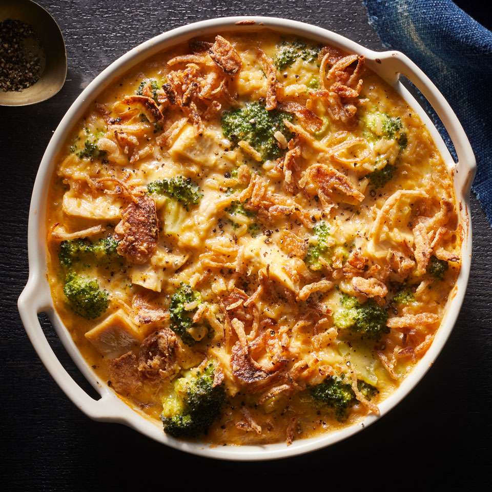 <p>This one-pan chicken-and-broccoli recipe comes out of the oven all browned, cheesy and bubbling like a casserole, but is really prepared more like a skillet meal on the stovetop. Serve with a crunchy green salad. <a href="https://www.eatingwell.com/recipe/269816/chicken-broccoli-casserole/" rel="nofollow noopener" target="_blank" data-ylk="slk:View Recipe;elm:context_link;itc:0;sec:content-canvas" class="link ">View Recipe</a></p>