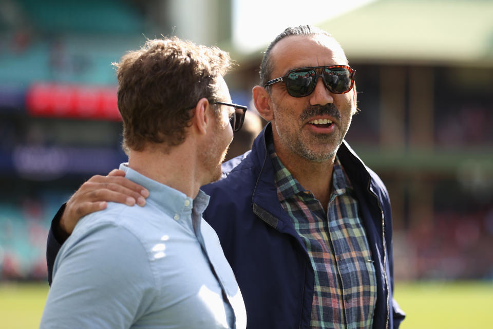 Adam Goodes, pictured here mingling with former Sydney Swans teammates at the SCG.