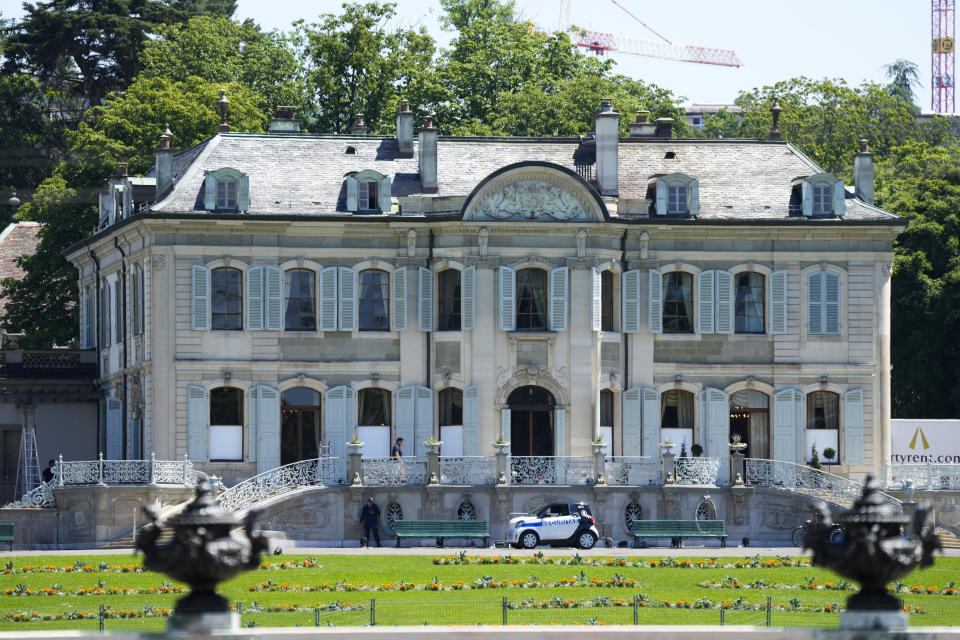 Security car stands in front of the 'Villa la Grange' in Geneva, Switzerland Monday, June 14, 2021. The 'Villa La Grange' is the venue for the meeting between US President Joe Biden and Russian President Vladimir Putin in Geneva, scheduled for Wednesday, June 16, 2021. (AP Photo/Markus Schreiber)