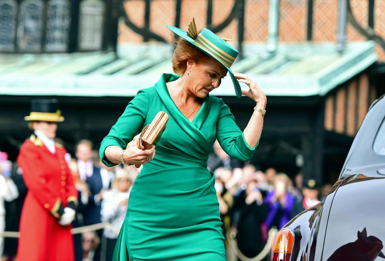 Sarah Ferguson the Duchess of York arrives for the wedding of daughter Princess Eugenie of York and Jack Brooksbank at St George’s Chapel, Windsor Castle, on Oct. 12, 2018.