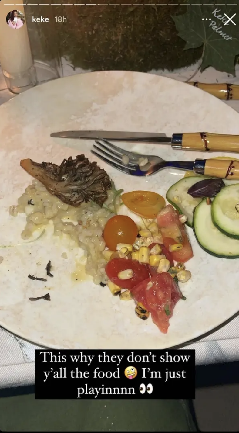 Plate with various foods including vegetables and a caption about not showing the food, jokingly suggesting it's unimpressive