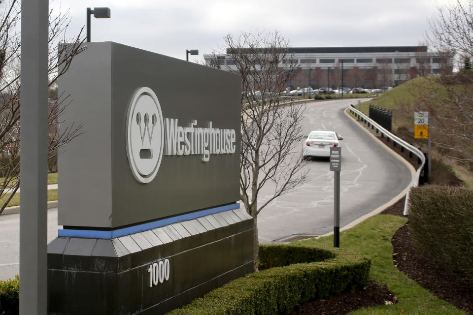 FILE - A sign marks the entrance to Westinghouse International Headquarters on Wednesday, March 29, 2017, in Cranberry, Pa. In the wake of the Russian-Ukrainian war, Finnish energy company Fortum announced an agreement with Westinghouse to supply nuclear fuel for two reactors after its contracts with Rosatom subsidiary Tvel expire over the next seven years. (AP Photo/Keith Srakocic, File)