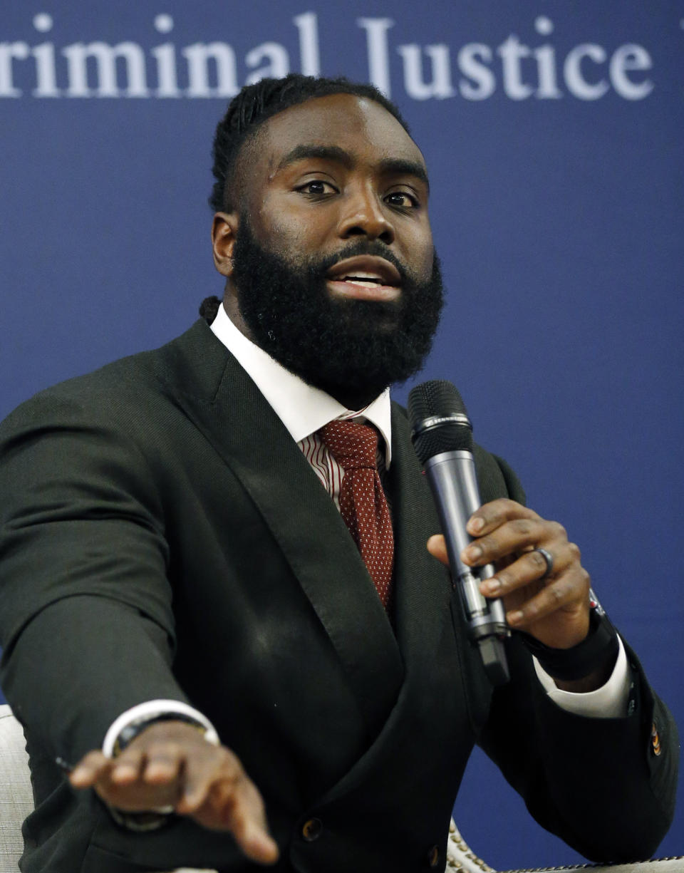 New Orleans Saints linebacker Demario Davis, a member of the Players Coalition Board, speaks about criminal justice reform efforts he has been involved in during a forum on criminal justice reform, at the Mississippi Summit on Criminal Justice Reform in Jackson, Miss., Tuesday, Dec. 11, 2018. The meeting was put on by a coalition of groups that favor changes to reduce harshness in the criminal justice system. (AP Photo/Rogelio V. Solis)