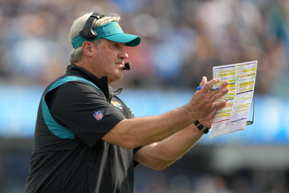 Jaguars head coach Doug Pederson watches from the sideines in the second half against the Los Angeles Chargers at SoFi Stadium.